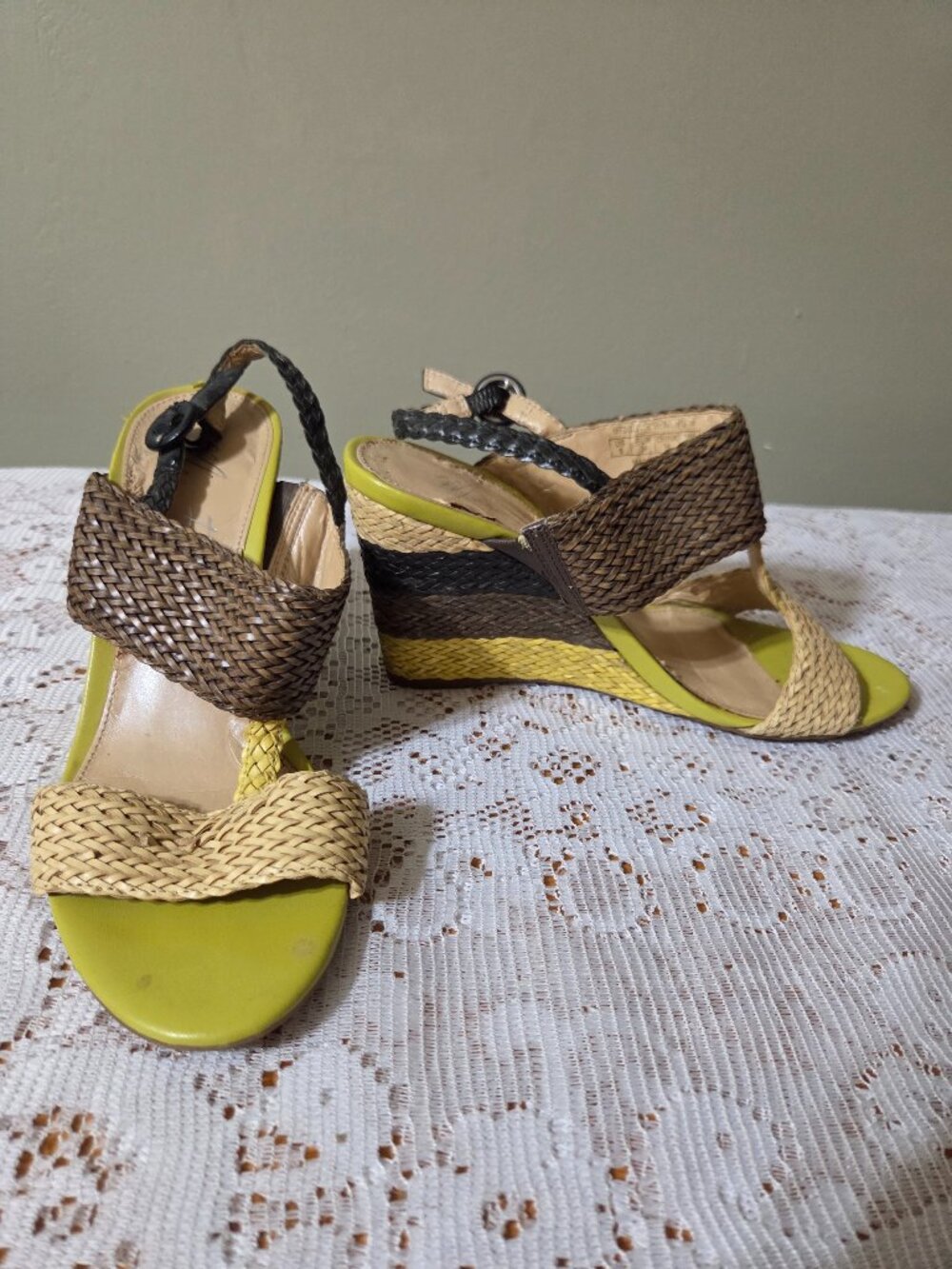 Marc Fisher - Black, Brown, Nude & Lime Green Wedge Sandal - Size 6